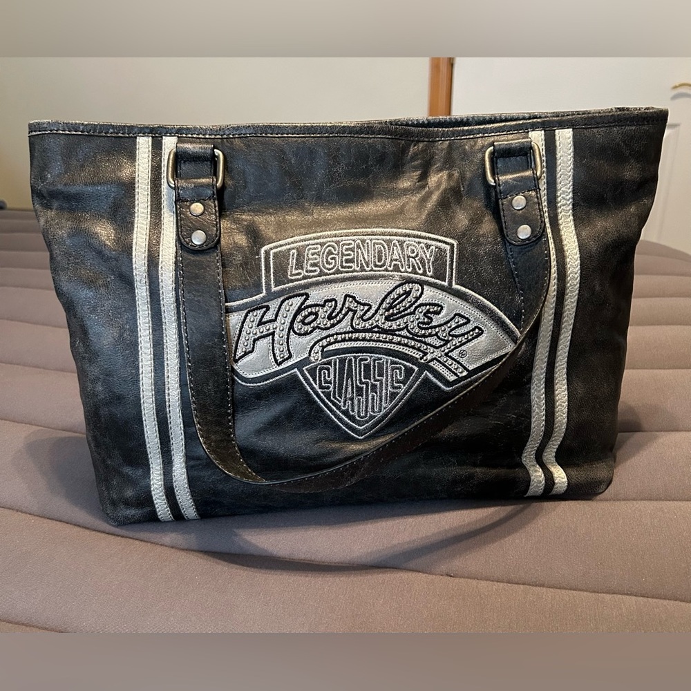 Vintage HARLEY DAVIDSON Black Leather Logo Tote / Messenger Bag / Purse